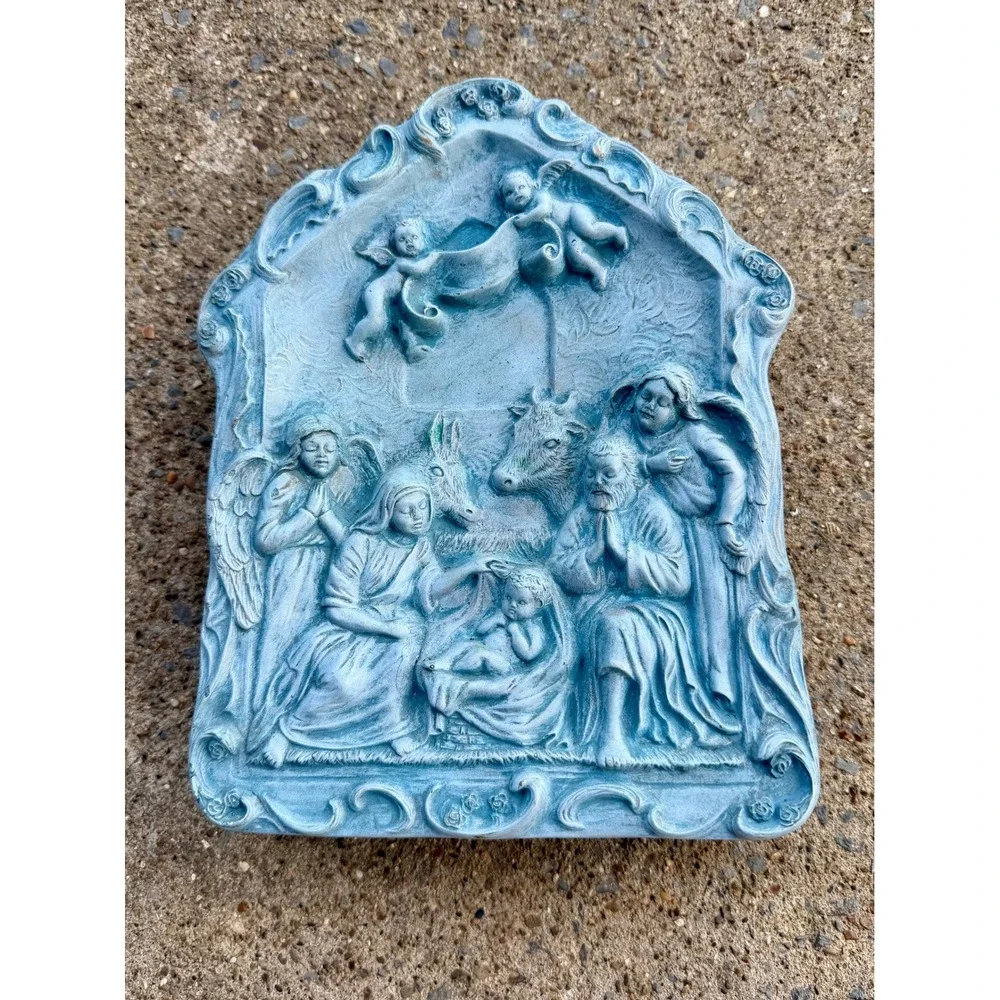 Vintage Provincial Mold 89 Ceramic Nativity Scene Wall Plaque Blue White 8 Inch